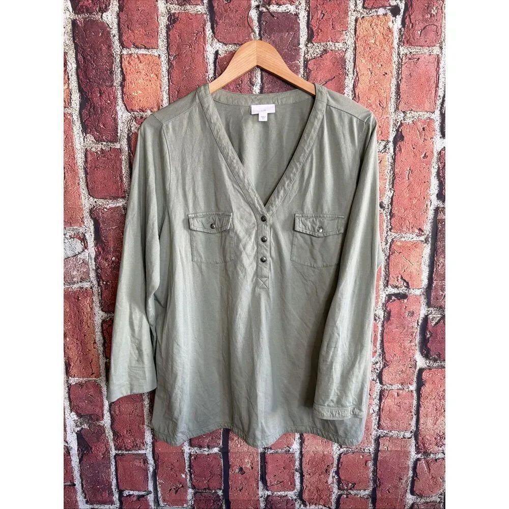 J Jill Top Womens XL Green V-Neck Blouse Pockets 3/4 Sleeve